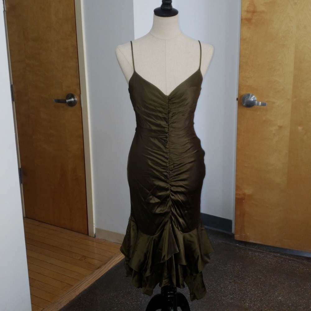 NWT Betsy Johnson Olive Satin Dress Wiggle Ruffle